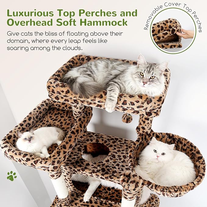 Globlazer XXL Giant Cat Tree, 83 Inch Heavy Duty Tall Cat Tower for Indoor Cats Large Adult, Multi-Level Large Cat Condo with 8 Scratching Posts, Hammock, 2 Cat Caves, 2 Platform, F83B, Leopard Print