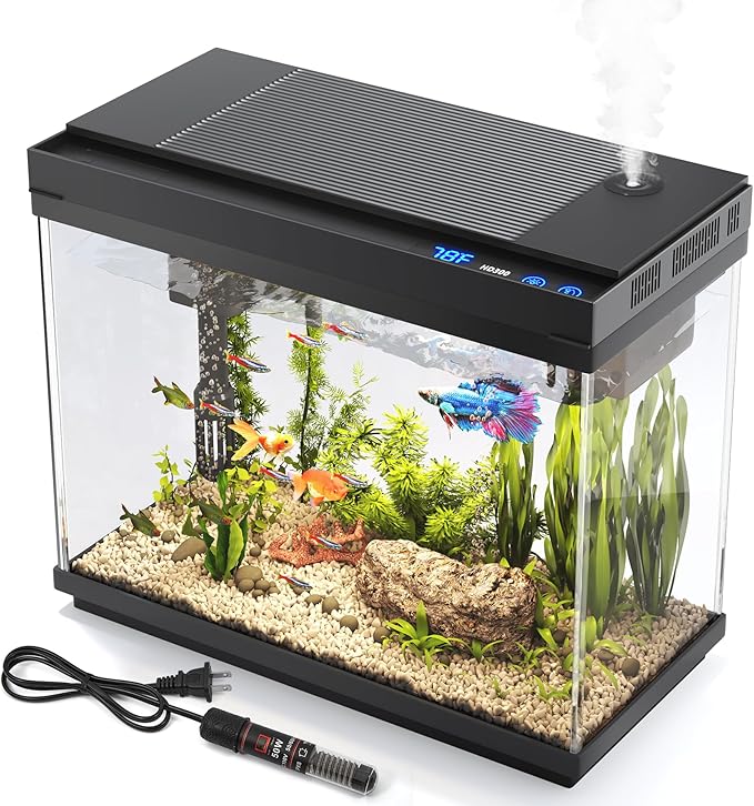 Vehipa Fish Tank 2.4 Gallon Aquarium with Heater, 3-in-1 Silent Pump with Filteration & Oxygenation & Circulation, 7-Color Timer Cycle Light, Temperature Display, Humidifier, HD Glass Fish Bowl