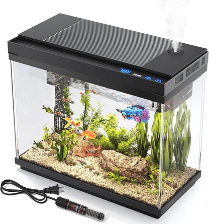 Vehipa Fish Tank 2.4 Gallon Aquarium with Heater, 3-in-1 Silent Pump with Filteration & Oxygenation & Circulation, 7-Color Timer Cycle Light, Temperature Display, Humidifier, HD Glass Fish Bowl