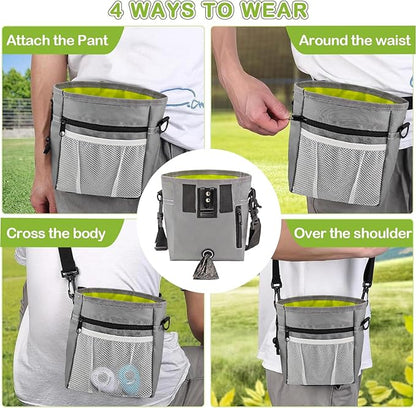 JIURUN Dog Treat Pouch for Pet Training - Dog Treat Bag (Grey) - Dog Training Kit, Dog Clicker for Training, Silicone Treat Bag, 2-in-1 Whistle Clicker, Collapsible Dog Bowl, 2 Dog Poop Bag