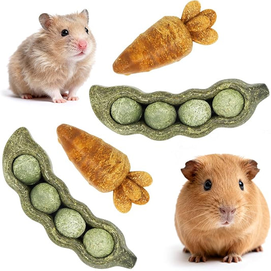 TEEWY 4PCS Guinea Pig Toys, Prevent Teeth Overgrowth, Natural Vegetables and Timothy Grass, Hamster Chew Toys, Chinchilla Toy, Peapod and Carrot Chew Toy Set