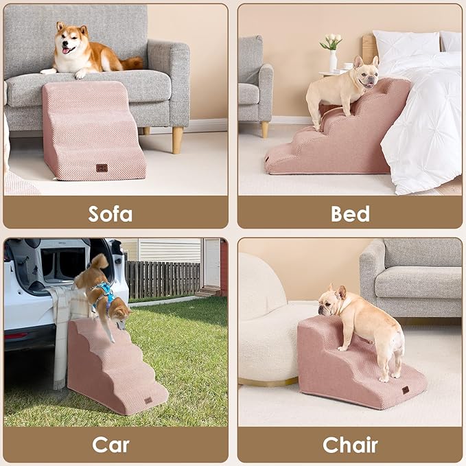 EHEYCIGA Curved Dog Stairs Ramp for High Beds 22.6" H, 5-Step Dog Steps for Small Dogs and Cats, Pet Stairs for High Bed Climbing, Non-Slip Balanced Pet Step Indoor, Dusty Pink