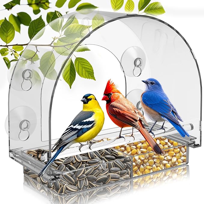 Large Window Bird Feeder, Birds Feeder with Extra Strong Suction Cups, Sturdy and Durable Bird House for Window Viewing Outside Outdoors, Garden Decor Garden Gifts for Bird Lover
