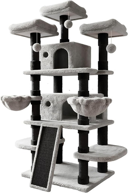 SHA CERLIN 68 Inches Multi-Level Large Cat Tree for Large Kitties/Big Cat Tower with Condo/Cozy Plush ‌Pussycat Perches/Sisal Scratching Posts and Hammocks/Activity Center/Black & Grey