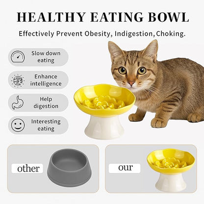 Ceramic Slow Feeder Bowl for Cats and Small Dogs, Elevated Tilted Pet Food Dish, Whisker Friendly Anti-Vomit Design, Heavy Stable Base, Dishwasher Safe， 5 Colors Options (Lemon Yellow)