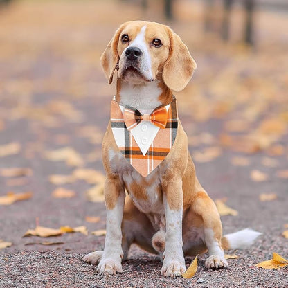 Fall Dog Tuxedo Bandana, Orange Plaid Pet Collar with Bowtie, Adjustable Halloween Thanksgiving Dog Tux Costume for Small to Extra Large Pets