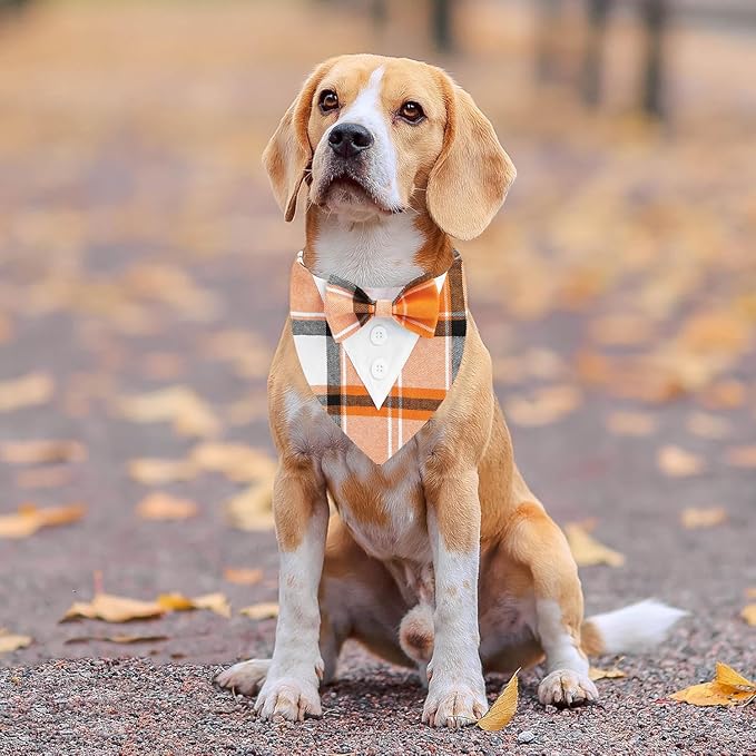 Fall Dog Tuxedo Bandana, Orange Plaid Pet Collar with Bowtie, Adjustable Halloween Thanksgiving Dog Tux Costume for Small to Extra Large Pets