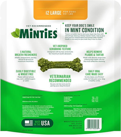 Minties Dental Chews for Dogs, 12 Count, Vet-Recommended Mint-Flavored Treats for Large Dogs Over 50 lbs, Dental Bones Clean Teeth, Fight Bad Breath, and Removes Plaque and Tartar