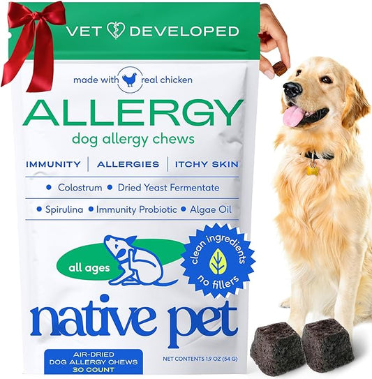 Native Pet Dog Allergy Chews - Dog Allergy Relief with Probiotics and Colostrum for Itchy Skin Relief to Support Seasonal Allergy and Healthy Immune System - All Natural Anti-Histamine - 30 Chews