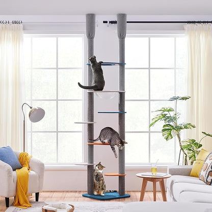 Yaheetech Floor to Ceiling Cat Tree, Cat Climbing Tower with 95-103In Adjustable Height and 6 Scratching Posts, Sturdy Platforms, Multi-Level Window Perches