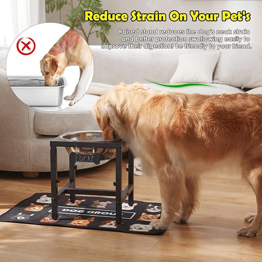 1.6 Gallon Elevated Dog Water Bowl for Large Dogs, 4-Height Adjustable (13–18'') Raised Stainless Steel Bowl with Spill-Proof Mat & Sturdy Metal Stand, Easy-Clean Feeder for Indoor/Outdoor Use