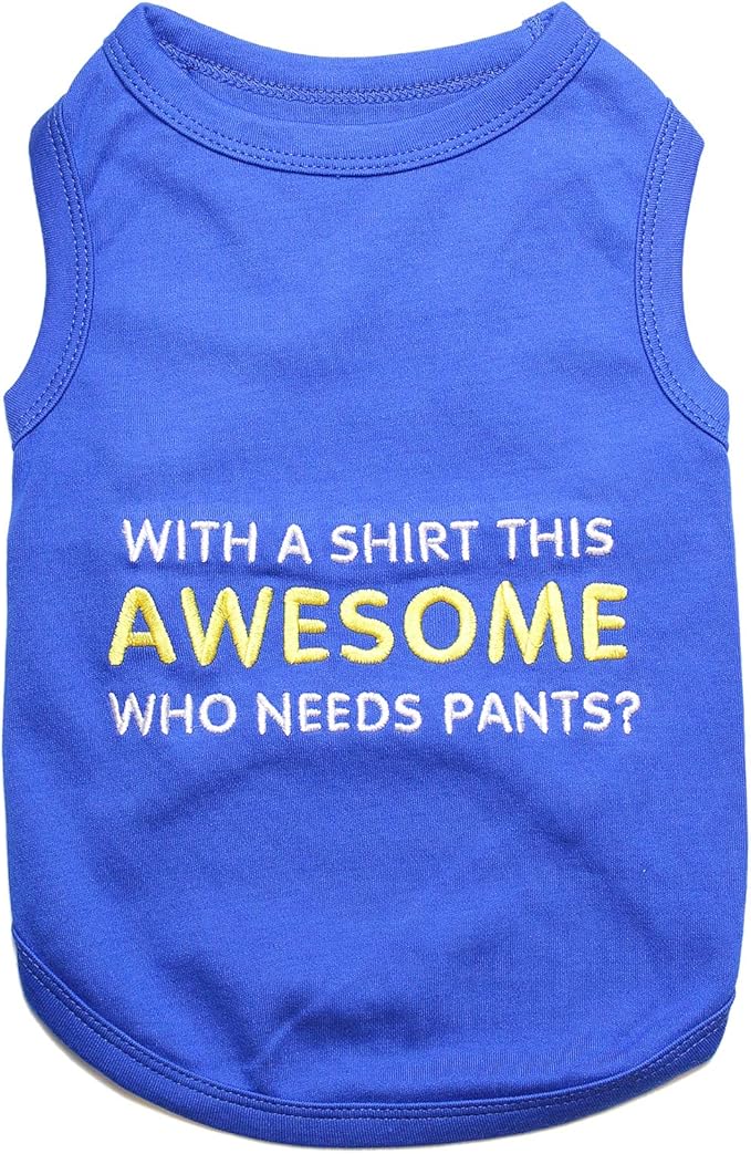 Parisian Pet Dog T-Shirt - Embroidered “ Awesome “ Dog Shirt - Pure Cotton and Lightweight Pet Clothes - Blue Sleeveless Pet Tee Shirts - Cute Puppy Clothes - Shirts for Small Dogs Boy - XS