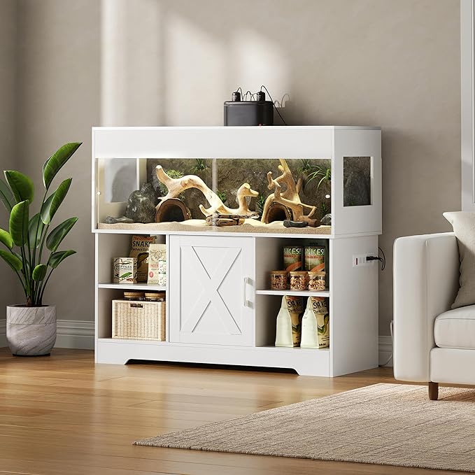 Herture 60 Gallon Reptile Tank with Stand, Terrarium Tank with Storage Cabinet, for Lizards, Skinks, Snakes, Sliding Acrylic Doors, Mesh Top, Built-in Power Outlet White PX02RTW