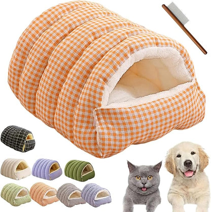 Winter Cave,Warmth Cozy Comfort Plush Pet Cave,Cute Cozy Safe Hideaway Cat Bed with Removable Cushion,Warm Soft Removable Washable for Cats and Dogs (Orange Plaid, M: 18.89 * 11.81 * 7.87 in)