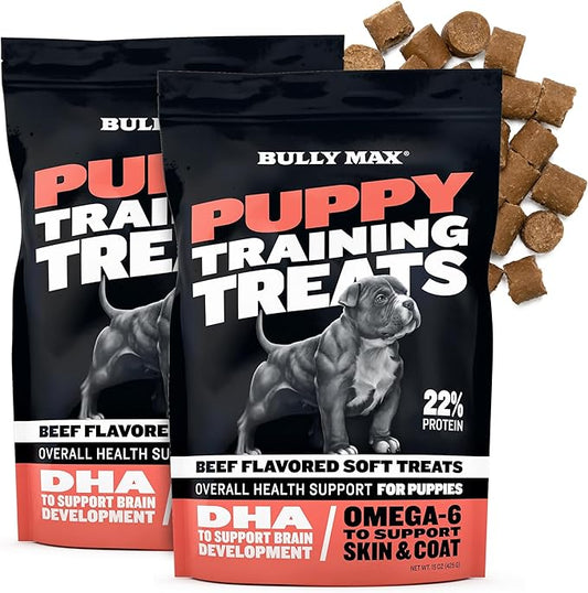 Bully Max Puppy Training Treats - Soft Chews Dog Food Supplements & Vitamins for Brain, Skin & Coat Health - Glucosamine & Chondroitin for Joint Support – Multivitamin Food Topper for Puppies - 2 Bags
