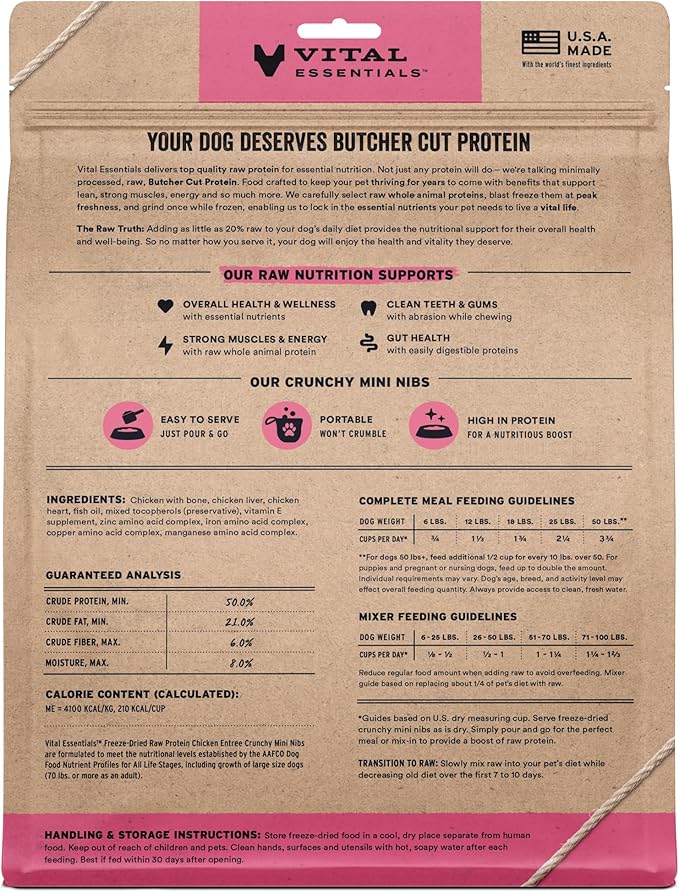 Vital Essentials Freeze-Dried Raw Chicken Crunchy Mini Nibs | Complete Meal or Mixer Dog Food | 25 oz