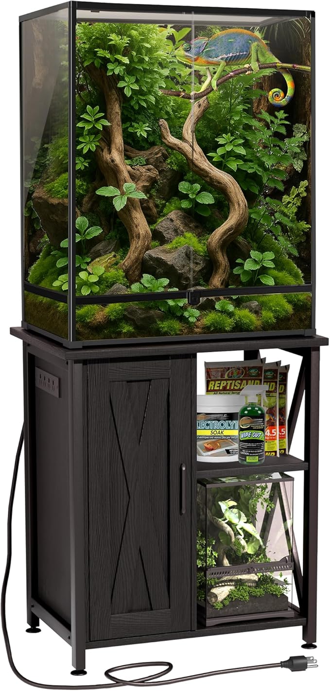 Herture 45-67 Gallon Reptile Tank Stand with Power Outlet, Terrarium Stand with Storage Cabinet, 24" Wx18 D Tabletop, Reptile Terrarium, Black PG12XYB