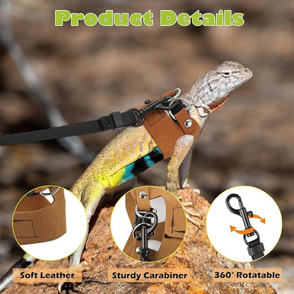 KABASI Bearded Dragon Harness Leash Set, 3 Size Adjustable Lizards Training Walking Leather Vest Escape-Proof Traction Rope for Squirrel and Other Outdoor Small Reptiles (Brown)