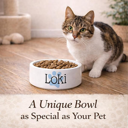 Custom Cat Bowl | Personalized Food & Water Dish with Name | Microwave & Dishwasher Safe Ceramic Pet Feeding Bowl for Kitty | Gift for New Kitten Owners | White – Small
