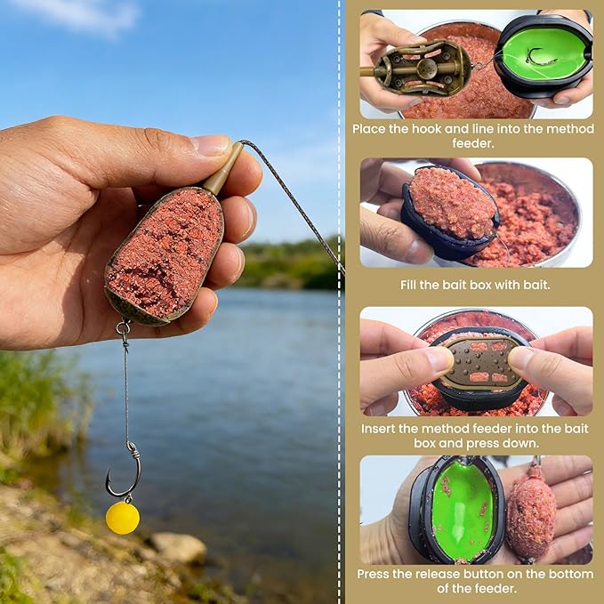 YOTO Carp Fishing Method Feeders Set - 3 Pcs Inline Baiting Tool & Groundbait Sinker Cages with Easy-Press Compactor | Professional Carp Fishing Equipment for Coarse Fishing & Efficient Baiting