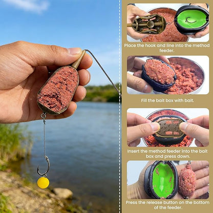YOTO Carp Fishing Method Feeders Set - 3 Pcs Inline Baiting Tool & Groundbait Sinker Cages with Easy-Press Compactor | Professional Carp Fishing Equipment for Coarse Fishing & Efficient Baiting