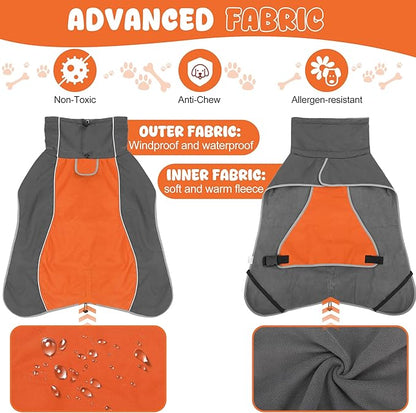 Dog Raincoat, Waterproof Dog Coat with Reflective Straps, Leash Hole & Polar Fleece Lining, Winter Snow Rain Coat for Small, Medium & Large Dogs, Warm, Windproof Vest Jackets