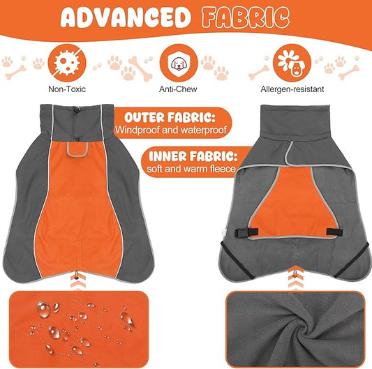 Dog Raincoat, Waterproof Dog Coat with Reflective Straps, Leash Hole & Polar Fleece Lining, Winter Snow Rain Coat for Small, Medium & Large Dogs, Warm, Windproof Vest Jackets