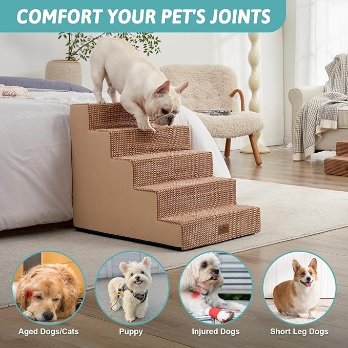 Dog Stairs for Small Dogs, 5 Tier Wider Pet Stairs for High Beds, 23.6" H Non-Slip Dog Steps for Old Cats, Puppies, Small Medium Dogs, 19.7x29.5x23.6 inch, Light Brown