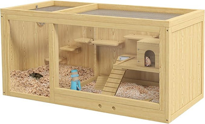 PawHut Wooden Hamster Cage, Extra Large Gerbil Cage, Multi-Layer Small Animal Cage for Dwarf Hamster, Activity Center with Pull-Out Tray, Seesaws, Water Bottle, Ladder, Openable Top