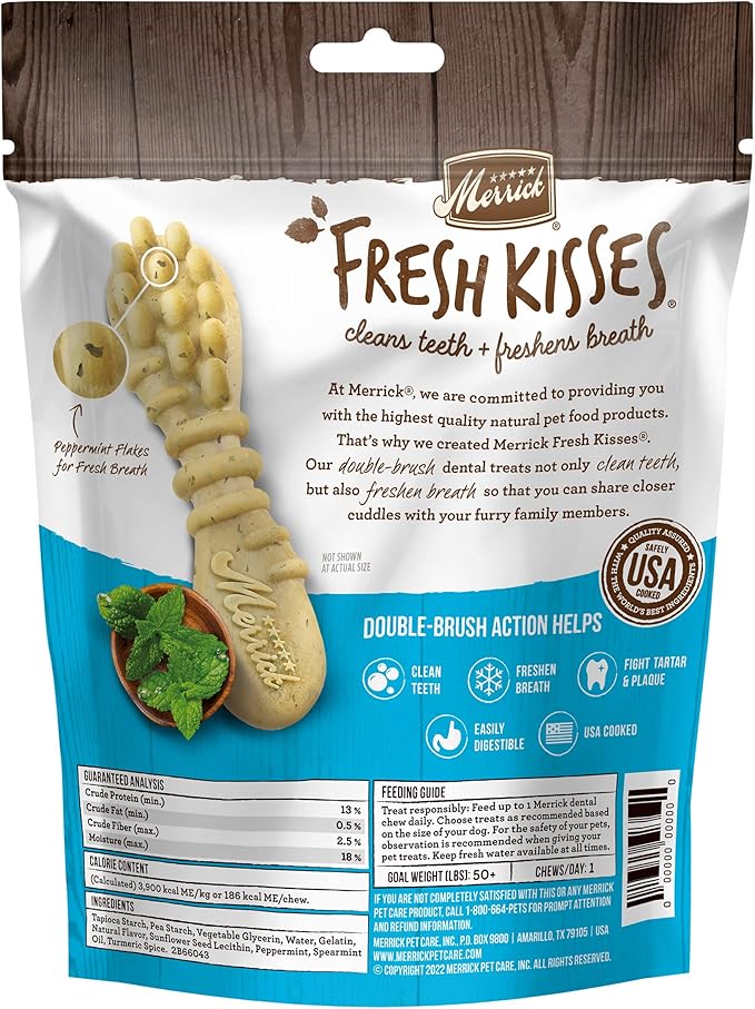 Merrick Fresh Kisses Natural Dental Chews, Toothbrush Shape Treat Infused With Real Mint, For Large Dogs - 7 ct. Bag