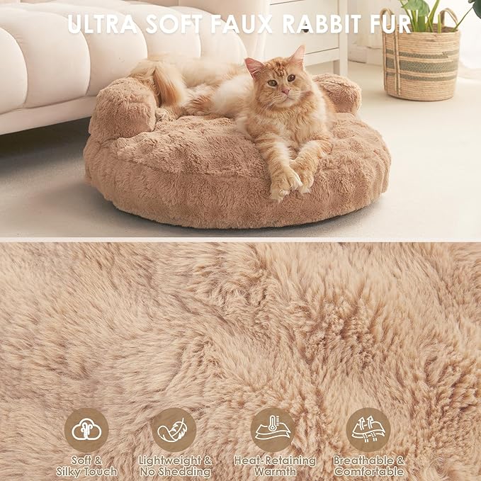 EHEYCIGA Medium Dog Bed and Large Cat Couch – Fluffy Faux Rabbit Fur Pet Sofa for Small and Medium Dogs, Washable Removable Cover, Waterproof and Non-Slip, 30 Inch, Camel