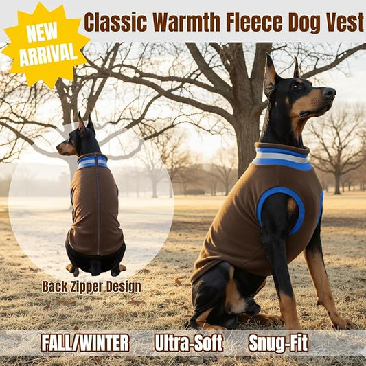 Winter Classic Warmth Turtleneck Vest Fleece Dog Sweater, Lightweight & Soft Coat for Large Dogs with Back-Zipper, Thermal Doggie Vests Clothes with Reflective Strips, Pitbull Male Female(Brown, 2XL)