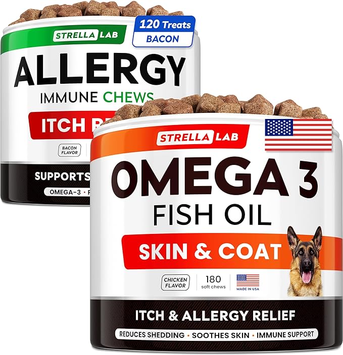 Omega 3 + Allergy Relief Dogs Bundle - Allergy & Itch + Skin & Coat Supplement - Omega 3 & Pumpkin - Itchy Skin +Itching & Licking Treats - 300 Chews - Chicken + Bacon Flavor - Made in USA