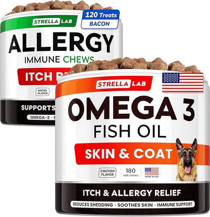 Omega 3 + Allergy Relief Dogs Bundle - Allergy & Itch + Skin & Coat Supplement - Omega 3 & Pumpkin - Itchy Skin +Itching & Licking Treats - 300 Chews - Chicken + Bacon Flavor - Made in USA