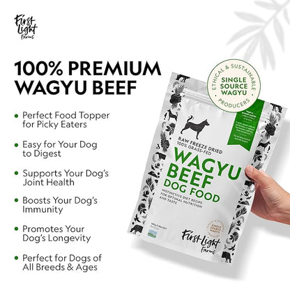 First Light Farms Freeze-Dried Dog Food Topper for Picky Eaters | High Protein Treat | Grain-Free Formula for All Breeds & Life Stages | Premium Wagyu Beef & Certified Humane | 1.5lb Bag