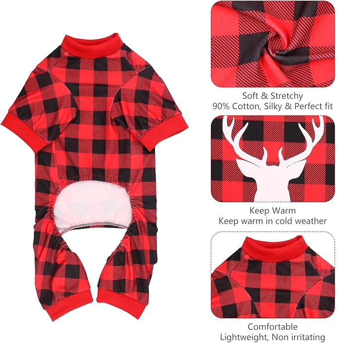 Dog Christmas Pajamas Buffalo Plaid with Reindeer Print Pet Onesie Pet Pjs Super Soft and Stretchy Dog Pajamas Medium Size Dogs(M)