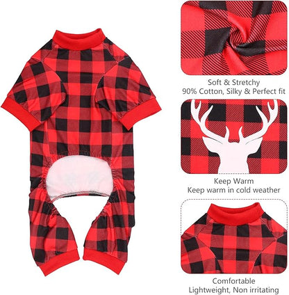 Dog Christmas Pajamas Buffalo Plaid with Reindeer Print Pet Onesie Pet Pjs Super Soft and Stretchy Dog Pajamas Medium Size Dogs(M)