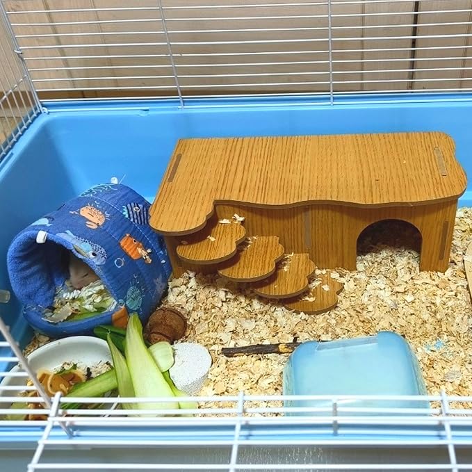 Hamiledyi Hamster Hideout with Ladder Dwarf Hamster Wooden Maze Tunnel Platform Multi Chamber Exploring Toy Habitat Decor for Gerbil Syrian Mouse Brown