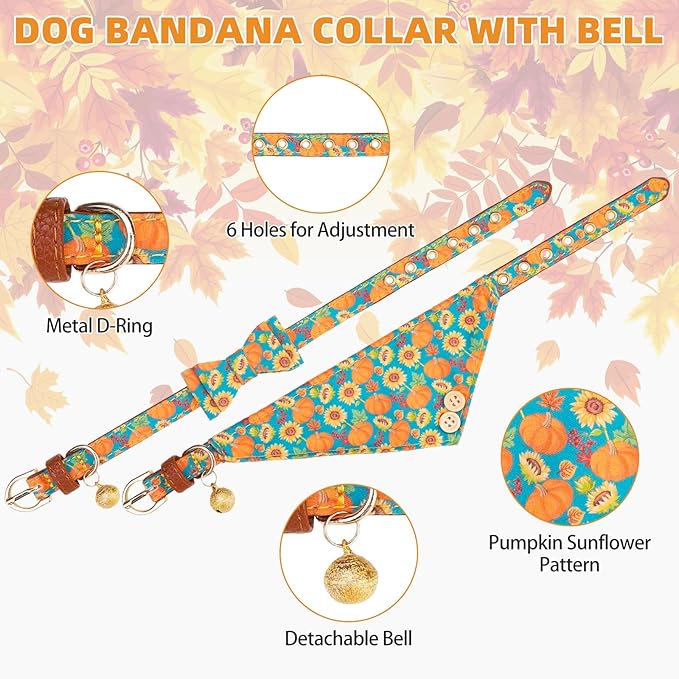 KOOLTAIL Dog Collar and Leash Set with Bow Tie & Bells for Small Dogs-Puppy Collar and Leash with Dog Bandana Collar, Soft Leather Tangle Free Leashes for Boys Girls Cats