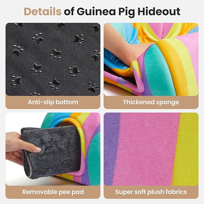 TailoWag Guinea Pig Hideout Soft Large Bed Tunnel with Door Curtain 2 Pack Guinea Pig Toys Set Bunny Bed Cage Accessories for Small Animals (Rainbow)