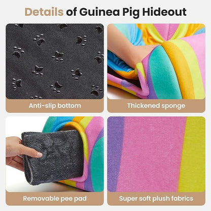 TailoWag Guinea Pig Hideout Soft Large Bed Tunnel with Door Curtain 2 Pack Guinea Pig Toys Set Bunny Bed Cage Accessories for Small Animals (Rainbow)