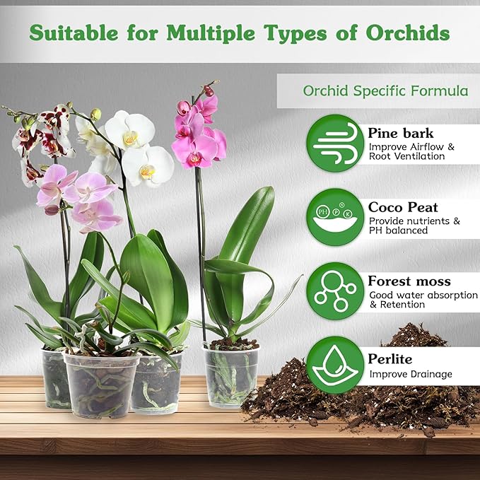 Orchid Potting Mix 2 Quarts, Mixture of Moss Pine Bark Coco Peat and Perlite, HOUNANG Orchid Bark Potting Mix, Orchid Repotting Kit Suitable for Plant Root Expansion and Good Drainage