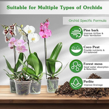 Orchid Potting Mix 2 Quarts, Mixture of Moss Pine Bark Coco Peat and Perlite, HOUNANG Orchid Bark Potting Mix, Orchid Repotting Kit Suitable for Plant Root Expansion and Good Drainage