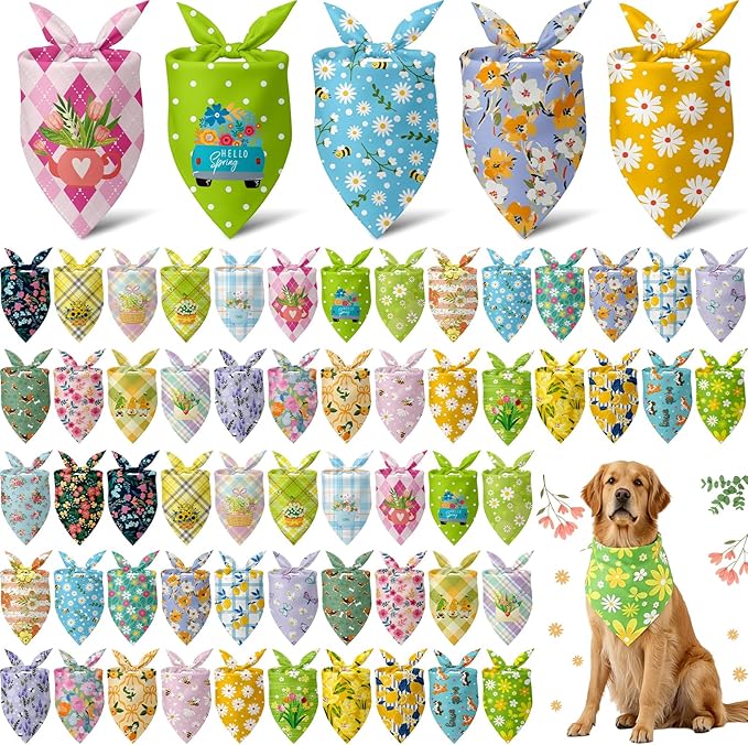 Sanwuta 60 Pcs Spring Dog Bandanas Floral Dog Bandanas Bulk Adjustable Pet Bibs Triangle Scarf Flower Costume for Small to Large Pet (Floral Pattern, Large)