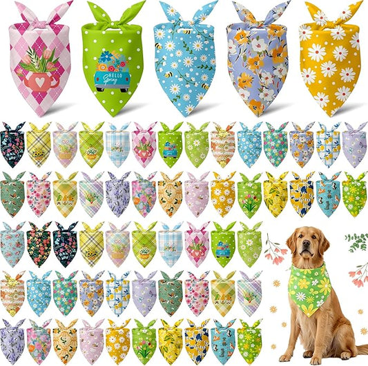 Sanwuta 60 Pcs Spring Dog Bandanas Floral Dog Bandanas Bulk Adjustable Pet Bibs Triangle Scarf Flower Costume for Small to Large Pet (Floral Pattern, Large)