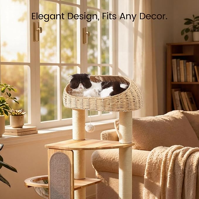 59-inch Cat Tree，Cat Tower with Scratching Post,Extra Long Sisal Blanket, Handwoven Basket & Space Capsule Nest