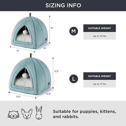 Bedsure Cat Beds for Indoor - 2 in 1 Cat Cave House Tent for Kittens and Small Pets with Removable Washable Cushioned Pillow, Foldable Kitten Hideaway with Non-Slip Bottom, Ocean Blue, 16 inches