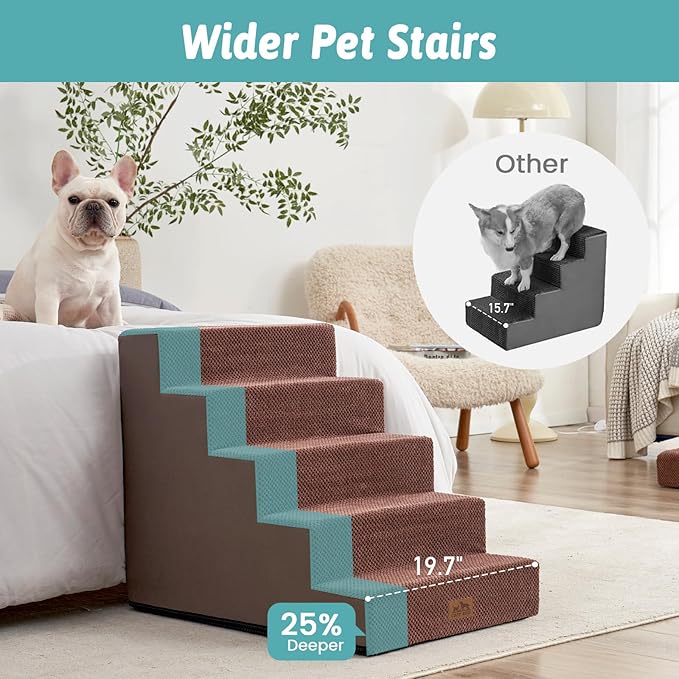 Dog Stairs for Small Dogs, 5 Tier Wider Pet Stairs for High Beds, 23.6" H Non-Slip Dog Steps for Old Cats, Puppies, Small Medium Dogs, 19.7x29.5x23.6 inch, Brown