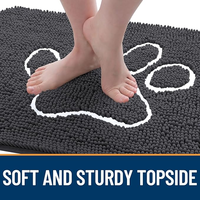 OLANLY Dog Door Mat for Muddy Paws 24x16, Paw Print Design, Absorbs Moisture and Dirt, Absorbent Non-Slip Washable Doormat, Quick Dry Chenille Mud Mat for Dogs, Entry Indoor Entryway Carpet, Dark Grey