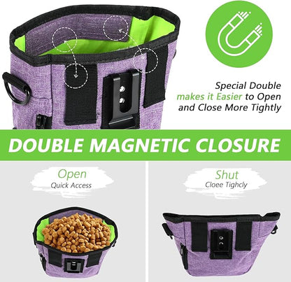 Dog Treat Pouches for Pet Training with Magnetic Closure Treat Pouches for Pet Training,Large Dog Treat Training Pouch and Dog Clicker,Training Treat Pouch Built-In Poop Bag Dispenser-Purple.